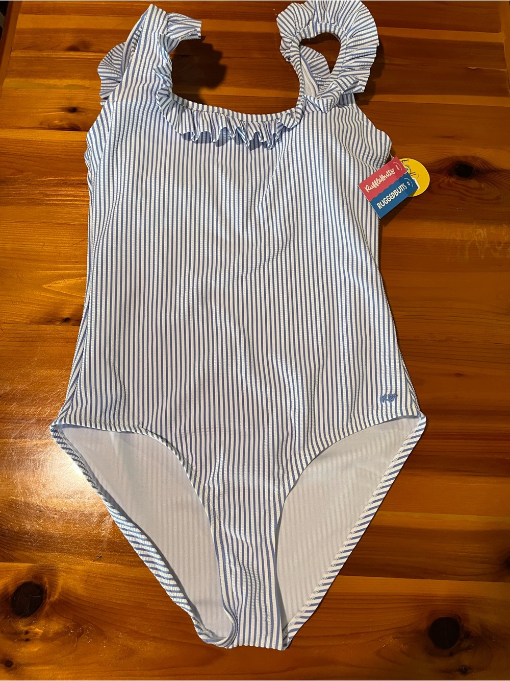 Ruffle Butts Blue & White Pinstriped Ruffle-Shoulder One-Piece Swimsuit